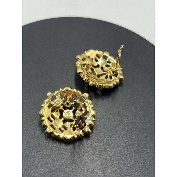 SWAROVSKI Swan Vintage Large Round Black, Clear Crystal Gold Tone Clip Earrings - Picture 5 of 16